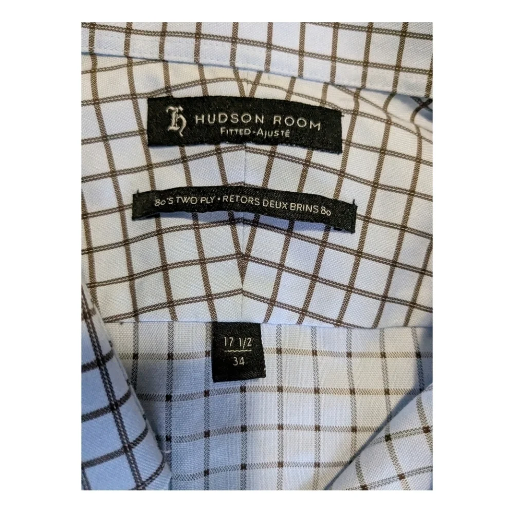 Hudson Room Fitted, Plaid Long Sleeve Shirt, Blue/Grey. 17.5/34 - Picture 3 of 10